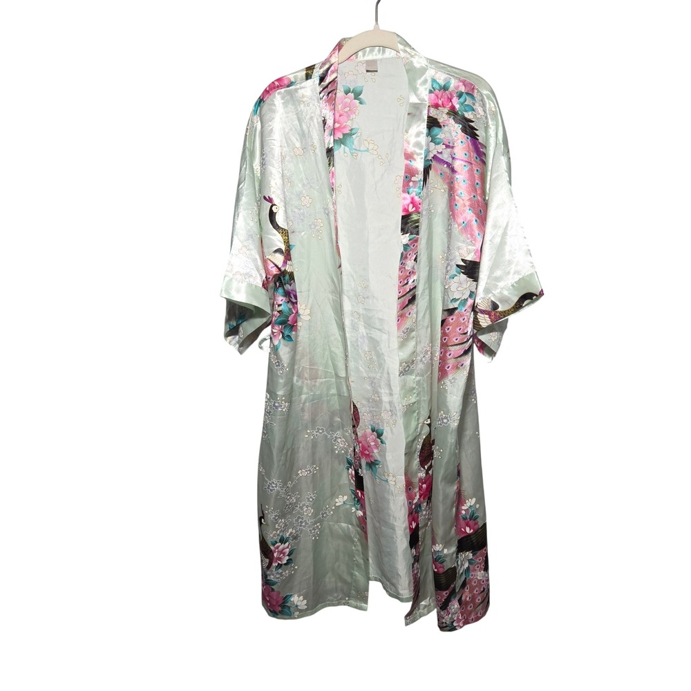 Kimono Robe Women One Size Green Peacock Floral Satin Loungewear Boho Asian